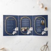 Obituary Celebration of Life Foto Bloemen Navy Drieluik Uitnodiging (Binnen)