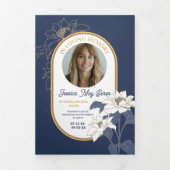 Obituary Celebration of Life Foto Bloemen Navy Drieluik Uitnodiging (Cover)