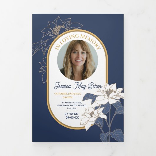 Obituary Celebration of Life Foto Bloemen Navy Drieluik Uitnodiging (Cover)