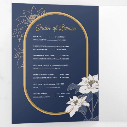 Obituary Celebration of Life Foto Bloemen Navy Drieluik Uitnodiging (Binnenzijde eerst)