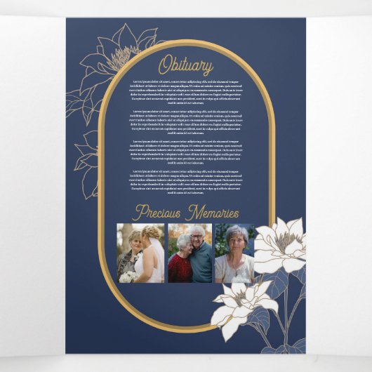 Obituary Celebration of Life Foto Bloemen Navy Drieluik Uitnodiging (Binnenkant midden)