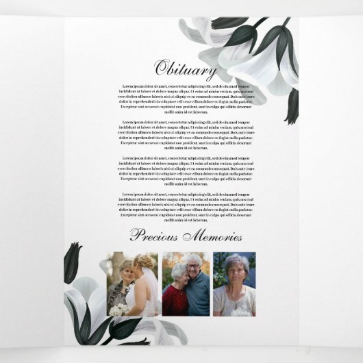 Obituary Viering Leven Foto Zwart Wit Lelie Drieluik Uitnodiging (Binnenkant midden)