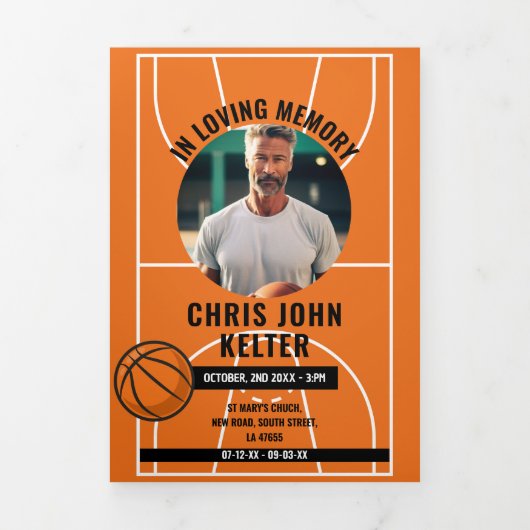 Obituary Viering van het leven Foto Basketbal Drieluik Uitnodiging (Cover)