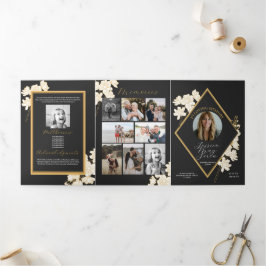 Obituary Viering van het Leven Foto Witte Bloemen Drieluik Uitnodiging