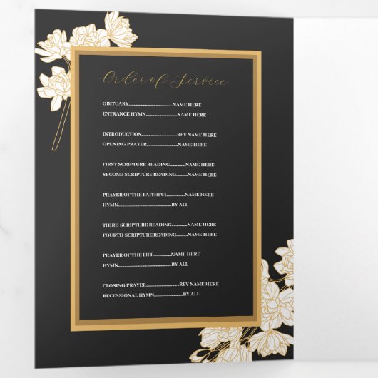 Obituary Viering van het Leven Foto Witte Bloemen Drieluik Uitnodiging (Binnenzijde eerst)