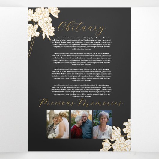 Obituary Viering van het Leven Foto Witte Bloemen Drieluik Uitnodiging (Binnenkant midden)