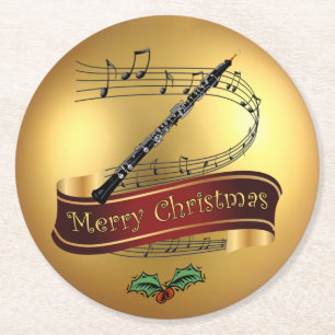 Oboe ~ Musical Scroll ~ Gold ~ "Merry Kerstmis" ~ Ronde Kartonnen Onderzetter