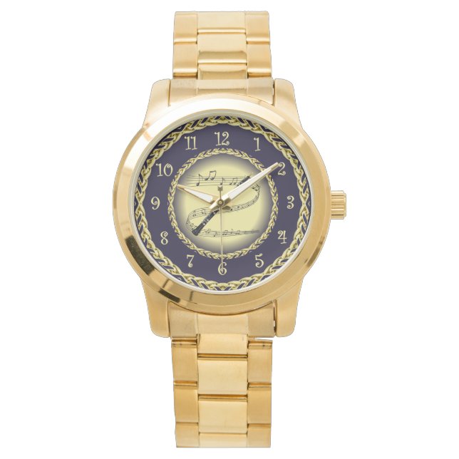 Oboe ~ Musical Scroll ~ Gold/Navy Blue ~ Watch Horloge (Voorkant)