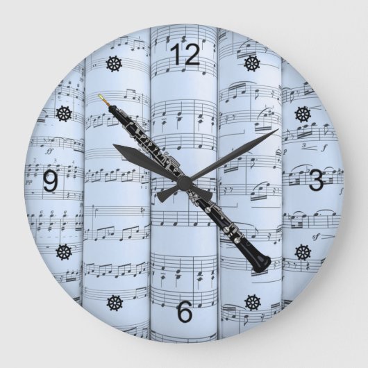Oboe ~ Rollend blad Muziek ~ Blue Tint Background Grote Klok (Voorkant)