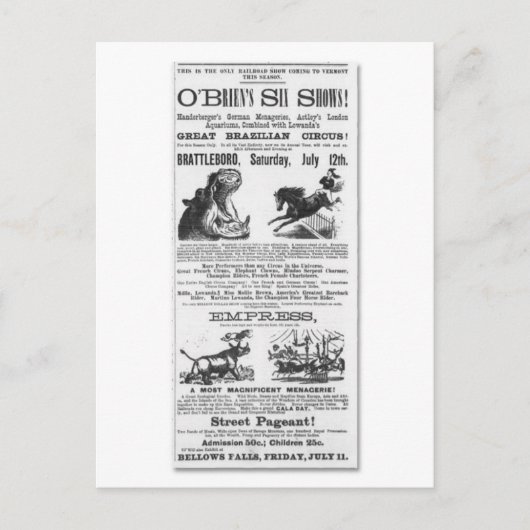 O'Brian's Six Shows Circus Advertisement Briefkaart (Voorkant)