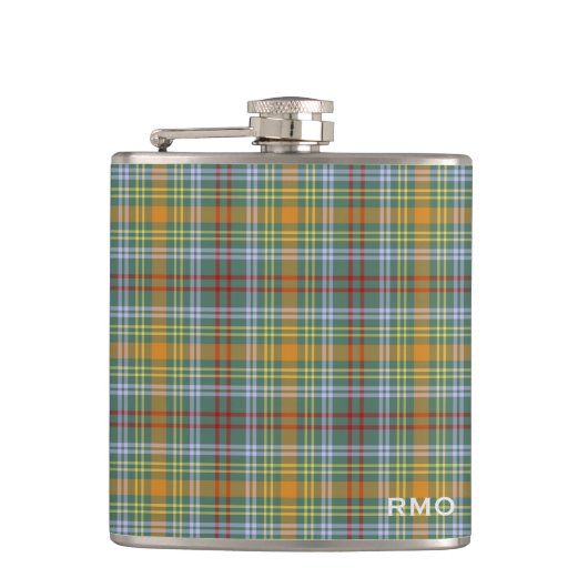 O'Brien Tartan Monogram Groen en Sinaasappel Plaid Heupfles (Voorkant)
