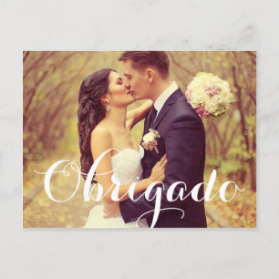 Obrigado Elegant White Script Weduwfoto Briefkaart