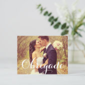 Obrigado Elegant White Script Weduwfoto Briefkaart (Staand voorkant)