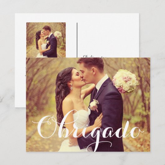 Obrigado Elegant White Script Weduwfoto Briefkaart (Voorkant / Achterkant)