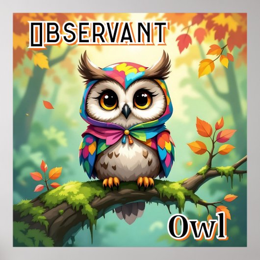 Observant Owl | Cute Cartoon Kid's Nursery Art Poster (Voorkant)