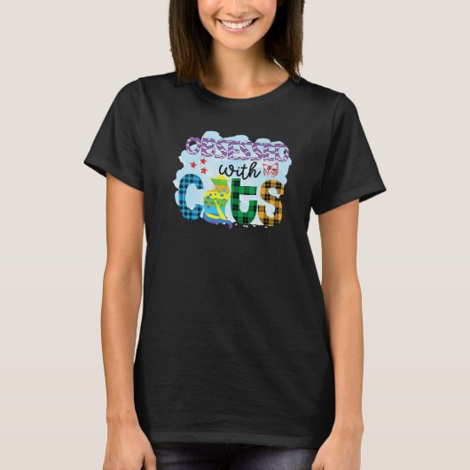 Obsessed With Cats Graphic Patchwork Cat T-shirt (Voorkant)
