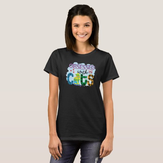 Obsessed With Cats Graphic Patchwork Cat T-shirt (Voorkant volledig)