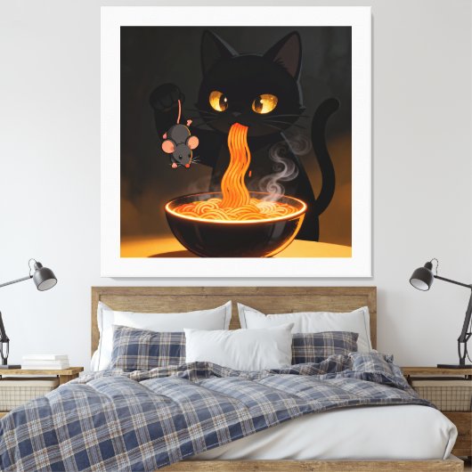 Obsidian Cat & Daring Mouse – Midnight Ramen Feast Canvas Afdruk (Insitu (Slaapkamer))