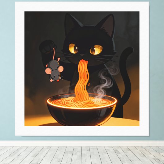 Obsidian Cat & Daring Mouse – Midnight Ramen Feast Canvas Afdruk (Insitu (Houten vloer))