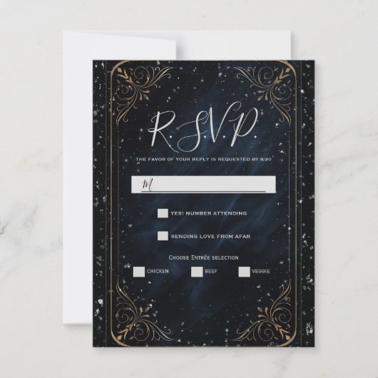 Obsidian Oracle Midnight Elegance Wedding RSVP Kaart (Voorkant)