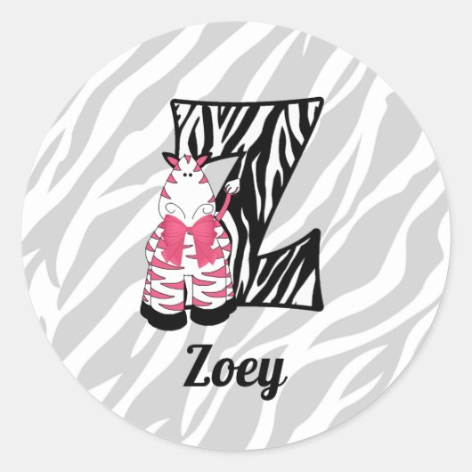 OBSOLETE Girls Pink Zebra Letter Z Monogrammed Ronde Sticker (Voorkant)