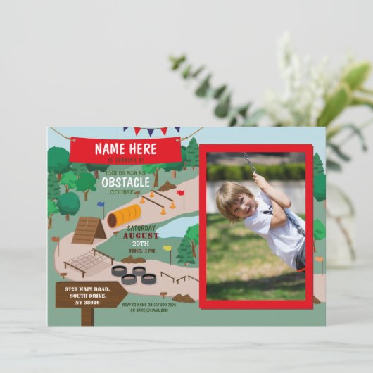 Obstacle Course Verjaardag Jongens Foto Adventure Kaart (Staand voorkant)