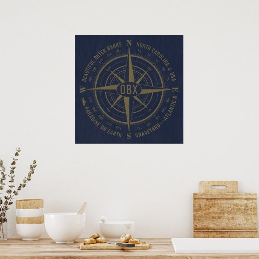 OBX Compass Outer Banks  Gold Navy Blue Poster (Keuken)