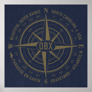 OBX Compass Outer Banks  Gold Navy Blue Poster
