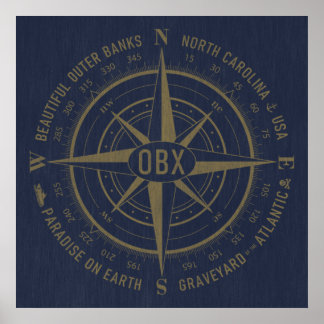 OBX Compass Outer Banks Gold Navy Blue Poster