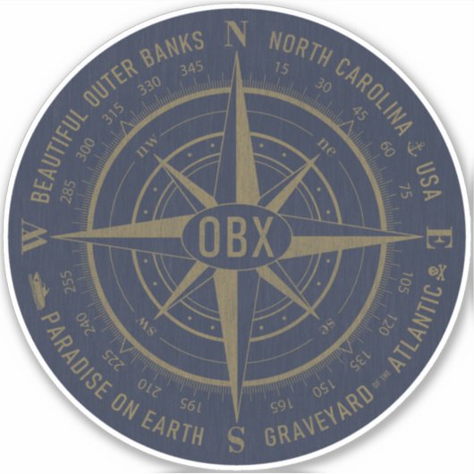 OBX Compass Outer Banks  Gold Navy Blue Sticker (Voorkant)