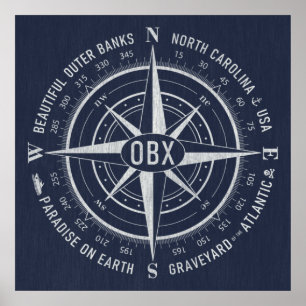 OBX Compass Outer Banks White Navy Blue Poster