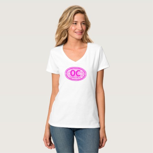 OC Ocean City NJ Pink Floral Beach Label T-shirt (Voorkant volledig)
