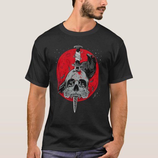 Occult Magic Raven Skull Knife Red Moon T-shirt (Voorkant)