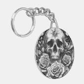 Occulte Pentakel Skelet Schedel & Rozen Sleutelhanger (Voorkant Links)