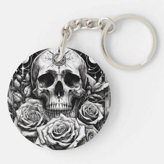 Occulte Pentakel Skelet Schedel & Rozen Sleutelhanger (Achterkant)