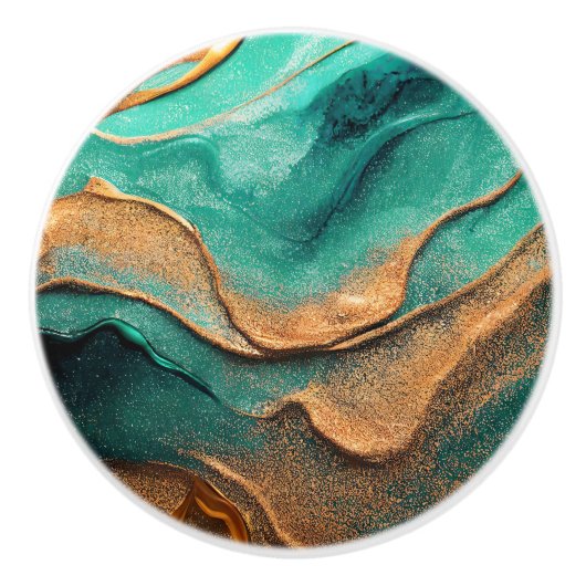 Oceaan Blauwgroen en Bronzen Abstracte Kunst Keramische Knop (Voorkant)