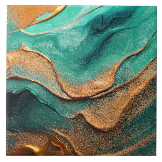 Oceaan Blauwgroen en Bronzen Abstracte Kunst Tegeltje (Voorkant)