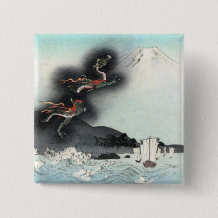 Oceaan Draak stijgt naar Mt. Fuji HOKUSAI Ukiyo-e Vierkante Button 5,1 Cm