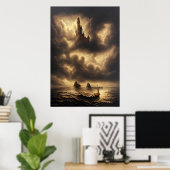 Oceaan en een kasteel in de lucht | AI Art Poster (Thuiskantoor)