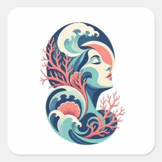 Oceaan Godin Kunst – Abstracte Golven en Koraal Vr Vierkante Sticker
