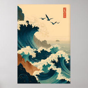Oceaan Golf Muurkunst Vintage Japanse Stijl - Groe Poster