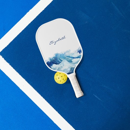 Oceaan golven blauwe naam script pickleball paddle