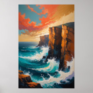 Oceaan golven botsen tegen kliffen Kustkunst Poster