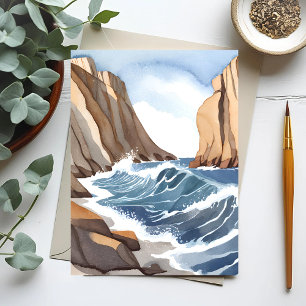 Oceaan golven breken   Kust strand aquarel Briefkaart