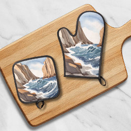 Oceaan golven breken | Kust strand aquarel Ovenwant & Pannenlap Set