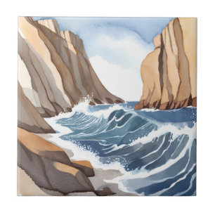 Oceaan golven breken Kust strand aquarel Tegeltje