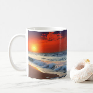 Oceaan golven en zonsondergang op zandige douche koffiemok