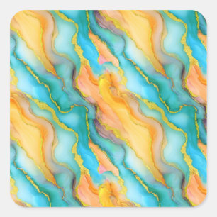 Oceaan golven in turquoise en geel-oranje patroon vierkante sticker