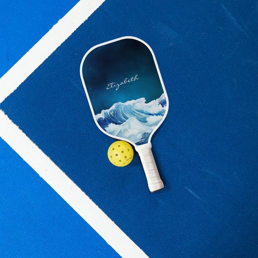 Oceaan golven marineblauwe naam script pickleball paddle