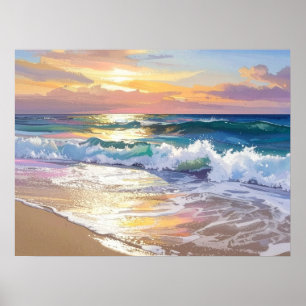 Oceaan golven op het strand in de zonneschijn kuns poster